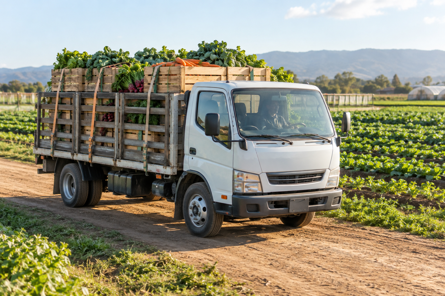 Illustration of a truck carrying crates of harvested vegetables along a farm lane