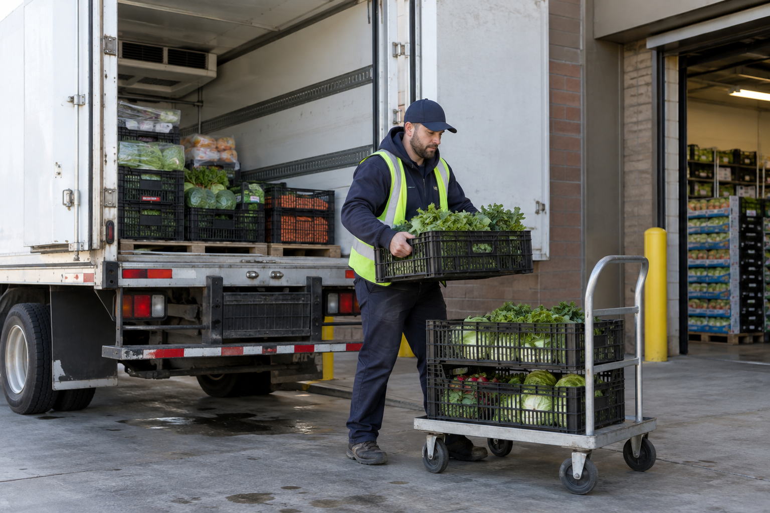 Illustration of fresh produce being unloaded from a delivery truck at a grocery store